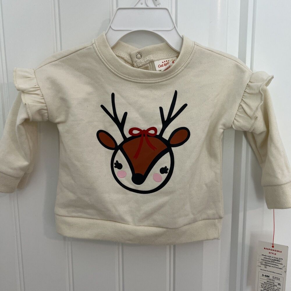 Cat & Jack Reindeer Baby Girls Size 3-6 Months Christmas Holiday Reindeer Shirt
